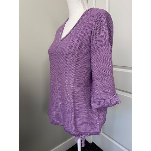 DKNY Jeans Women’s L Purple V-Neck Sequin Knit Sweater 3/4 Sleeves Light Comfort - Picture 7 of 9
